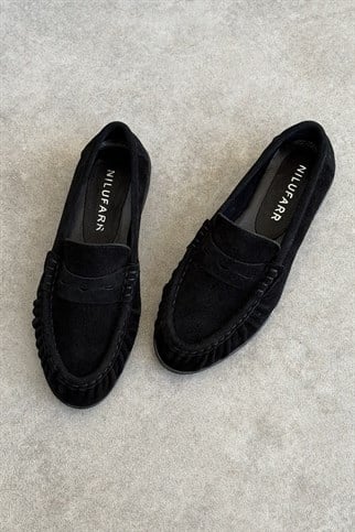 Mante Siyah Süet Hakiki Deri Kadın Loafer Ayakkabı