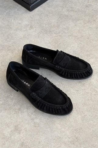 Mante Siyah Süet Hakiki Deri Kadın Loafer Ayakkabı