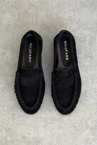 Mante Siyah Süet Hakiki Deri Kadın Loafer Ayakkabı