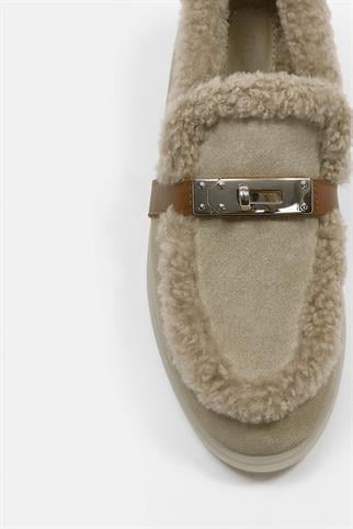 Melly Bej Hakiki Süet Kürklü Kadın Loafer