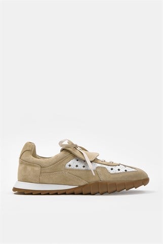 Minova Bej / Beyaz Hakiki Deri Kadın Sneaker