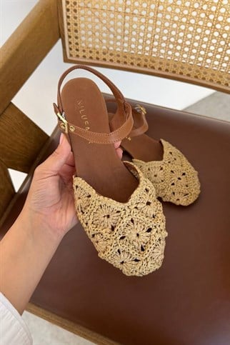 Muli Bej Rafya Hakiki Deri Sandalet