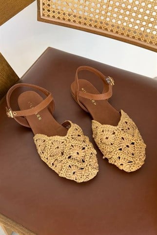 Muli Bej Rafya Hakiki Deri Sandalet