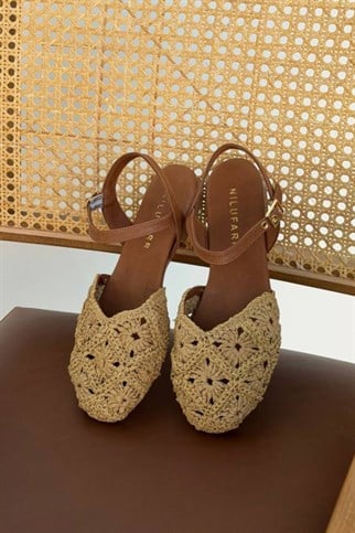 Muli Bej Rafya Hakiki Deri Sandalet