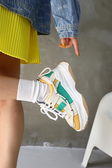 Otilia Sarı/Yeşil Hakiki Deri Kalın Tabanlı Kadın Sneaker