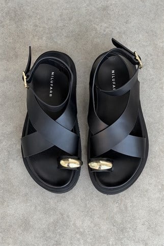 Sivota Siyah Hakiki Deri Sandalet