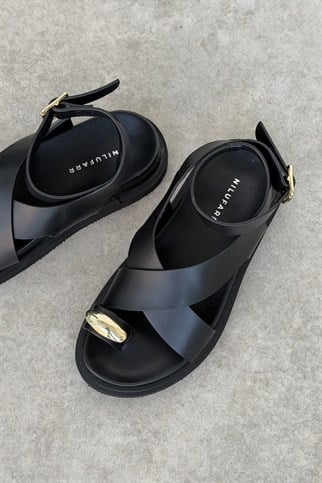 Sivota Siyah Hakiki Deri Sandalet