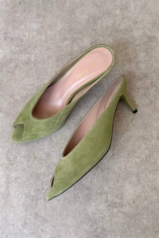Soleme Yeşil Süet Hakiki Deri Topuklu Terlik