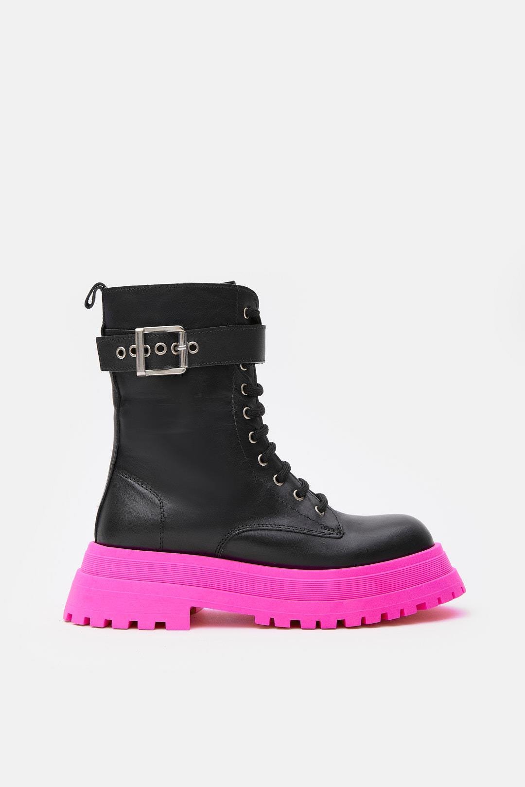 Anna Black Genuine Leather Chain Accessory Pink Sole Women's Boots