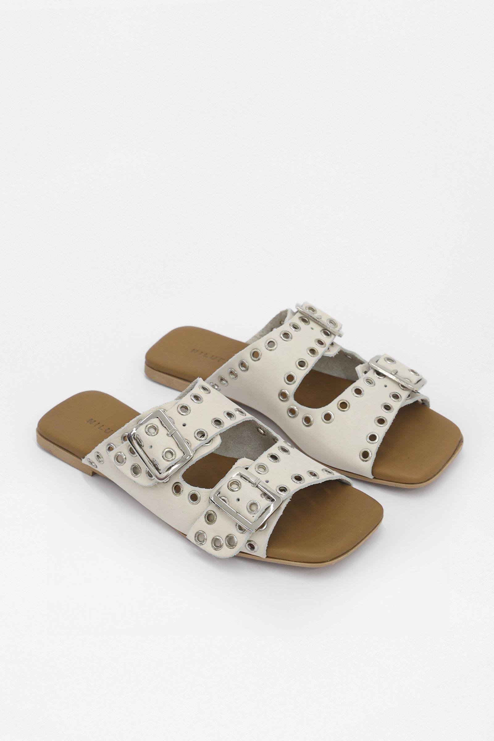 Block Bej Hakiki Deri Kemerli Kadın Terlik