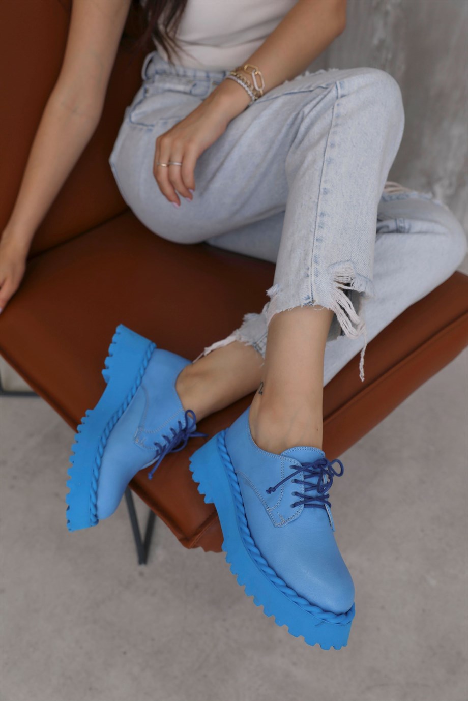Bloom Mavi Hakiki Deri Bağcıklı Kadın Loafer