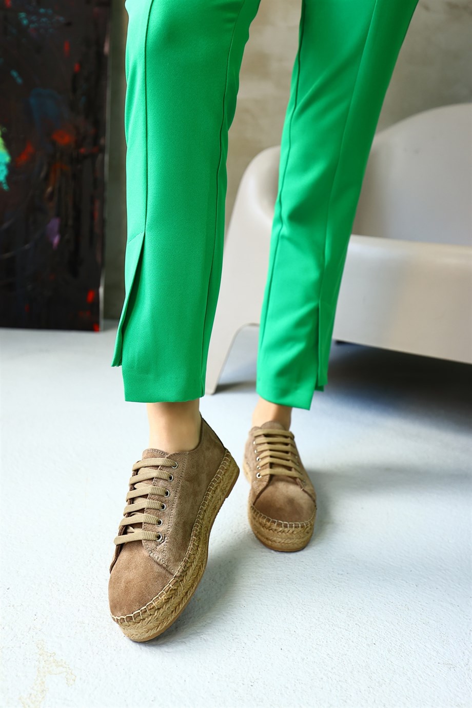 Daria Vizon Hakiki Süet Bağcıklı Kadın Espadril Ayakkabı