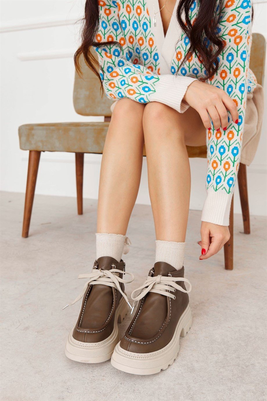 Gabriela Koyu Yeşil Hakiki Deri Bej Tabanlı Kadın Bot