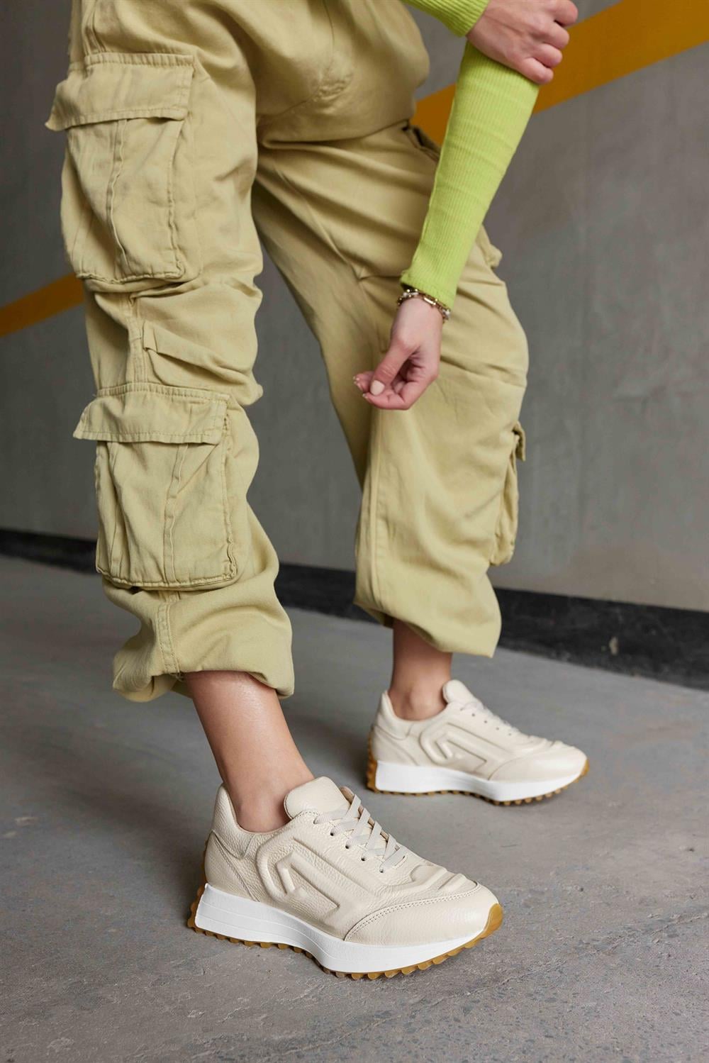 Hello Bej Hakiki Deri Kadın Sneaker
