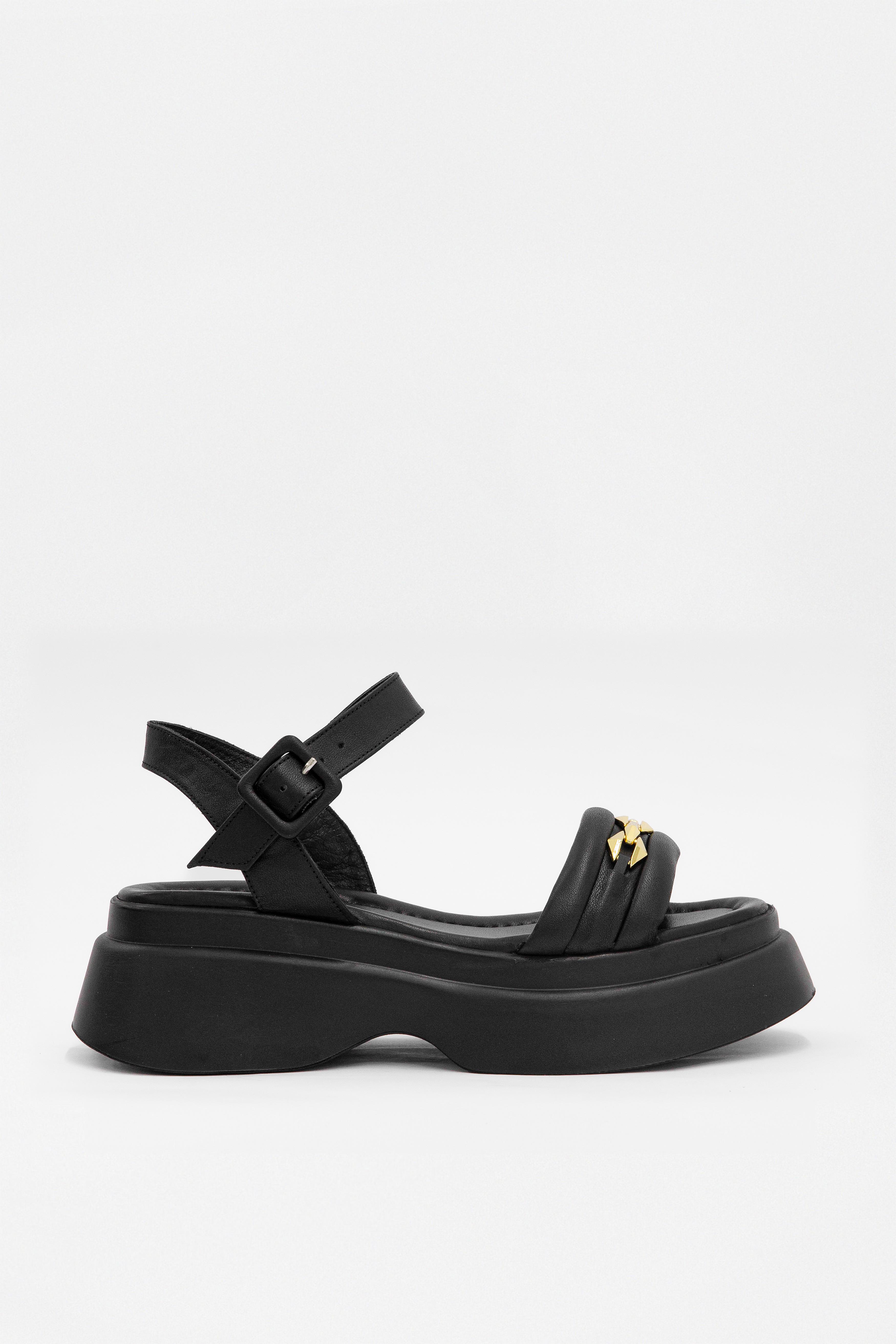 Julicka Siyah Hakiki Deri Kalın Tabanlı Kadın Sandalet