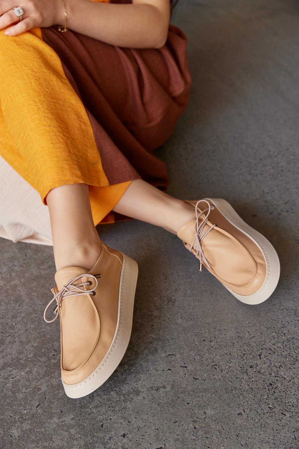 Lovely Bej Hakiki Deri Kadın Sneaker