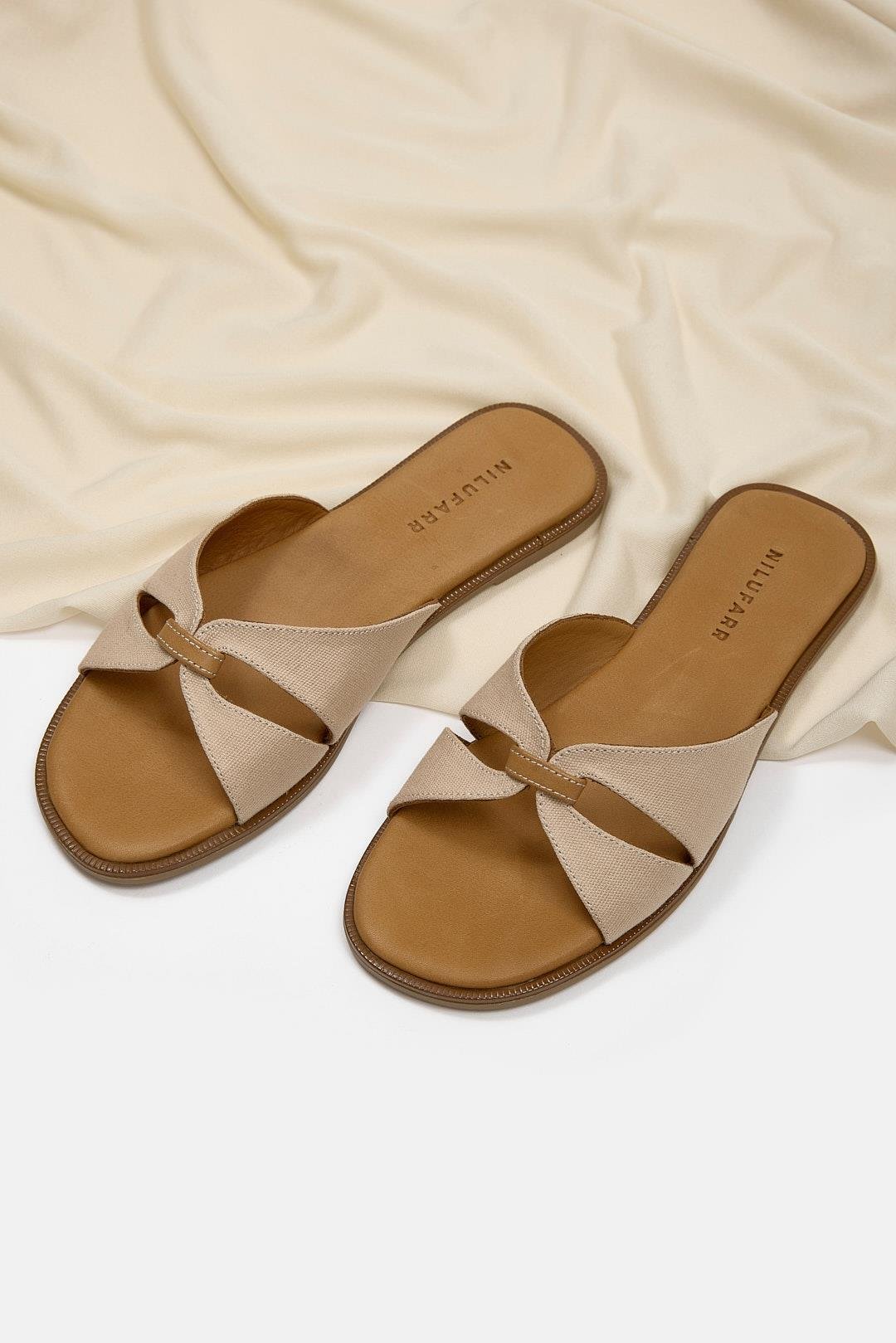 Marbelys Bej Keten Hakiki Deri Kadın Terlik