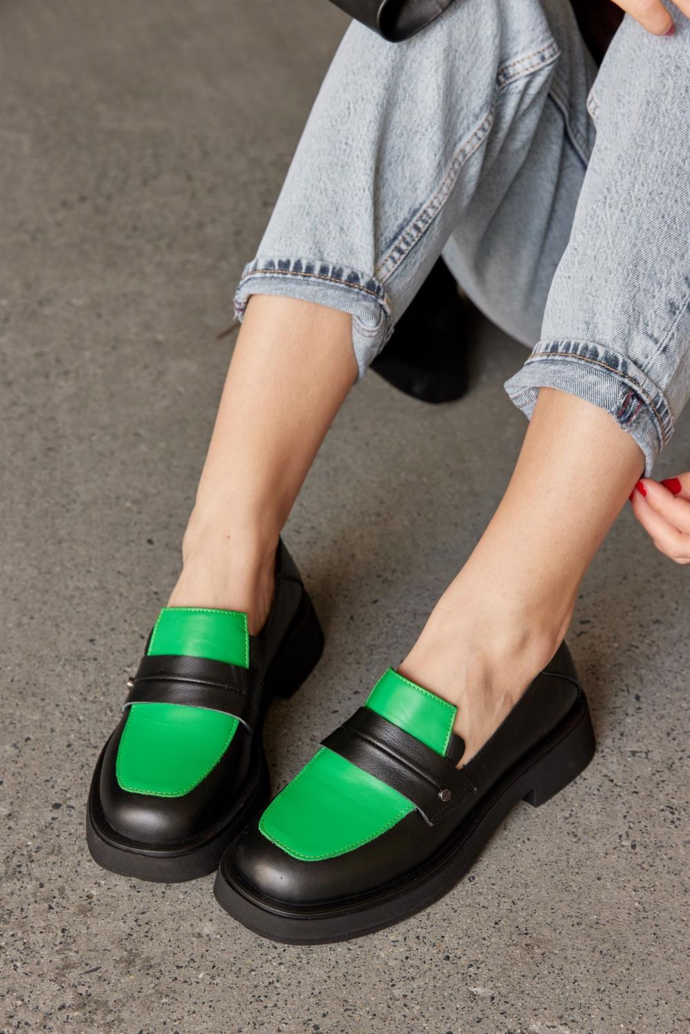 Marissa Siyah/Yeşil Hakiki Deri Kadın Loafer