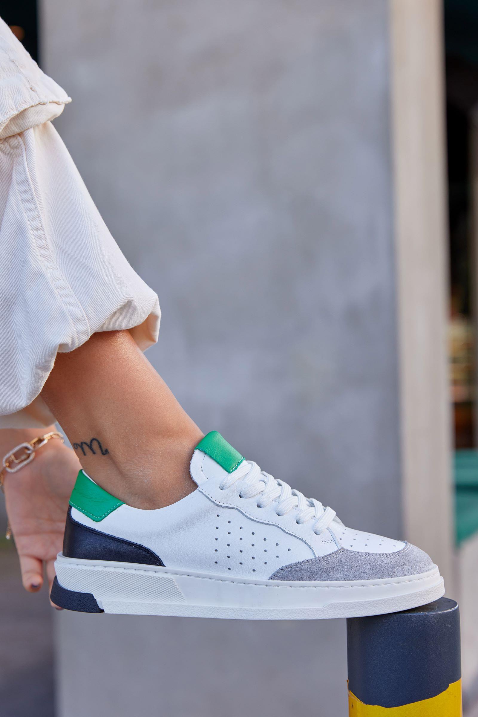 Marsel Beyaz Yeşil Hakiki Deri Kadın Sneaker