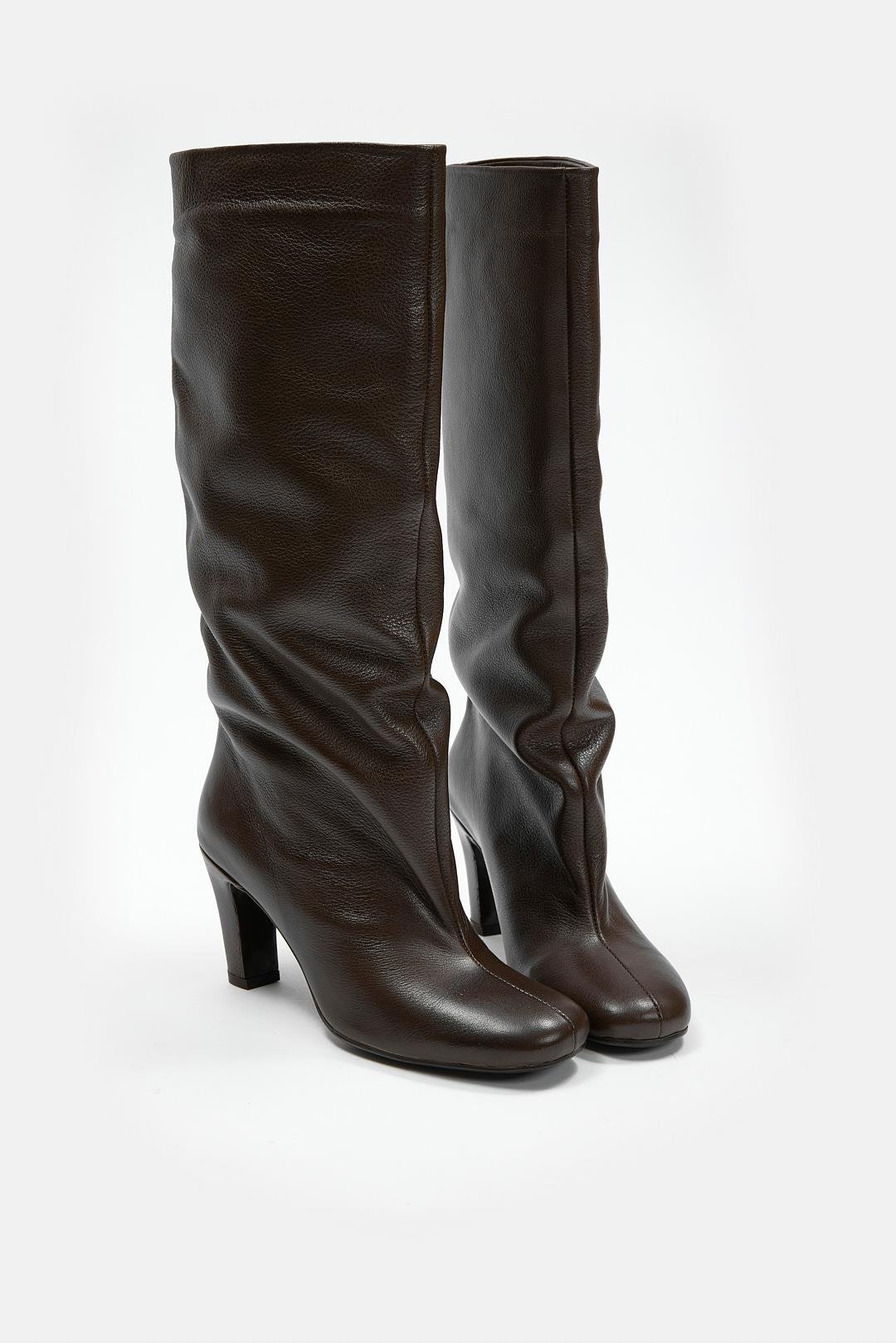 Megane Kahve Hakiki Deri Kadın Topuklu Çizme