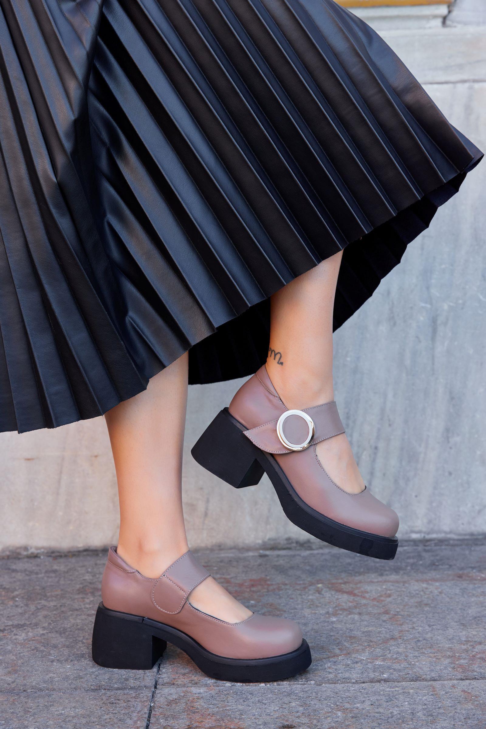 Mimi Vizon Hakiki Deri Kalın Topuklu Kadın Ayakkabı