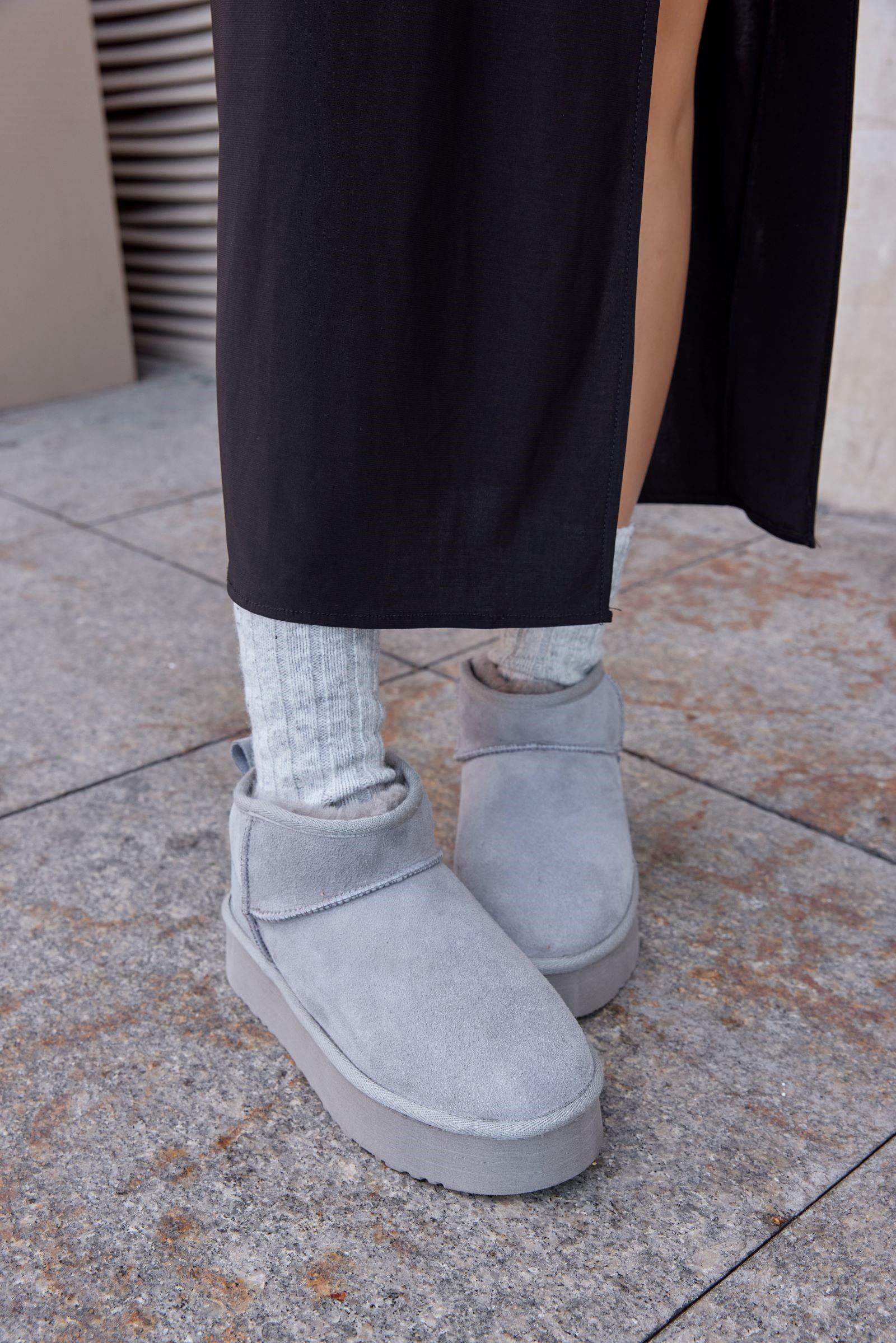 Moon Серые Замшевые Женские Ботинки с Натуральным Мехом Внутри