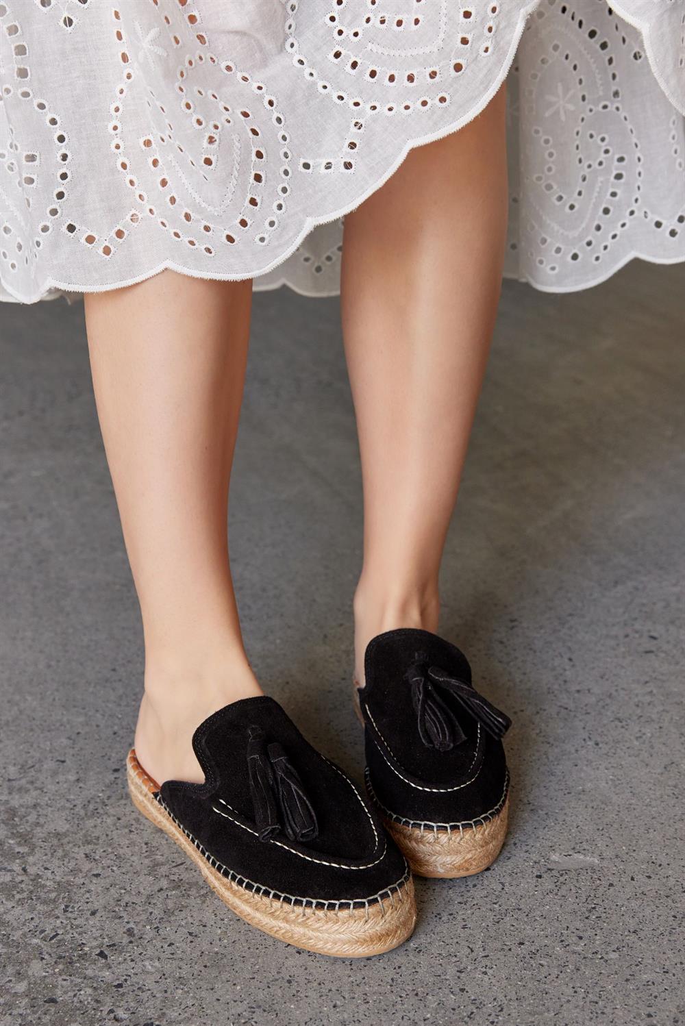 Mouse Black Suede Leather Women's Espadrilles Slippers