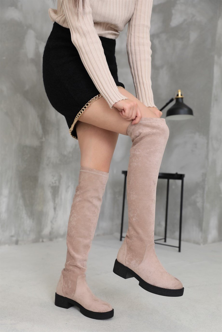 Now Women's Beige Suede Strech Hight Boots