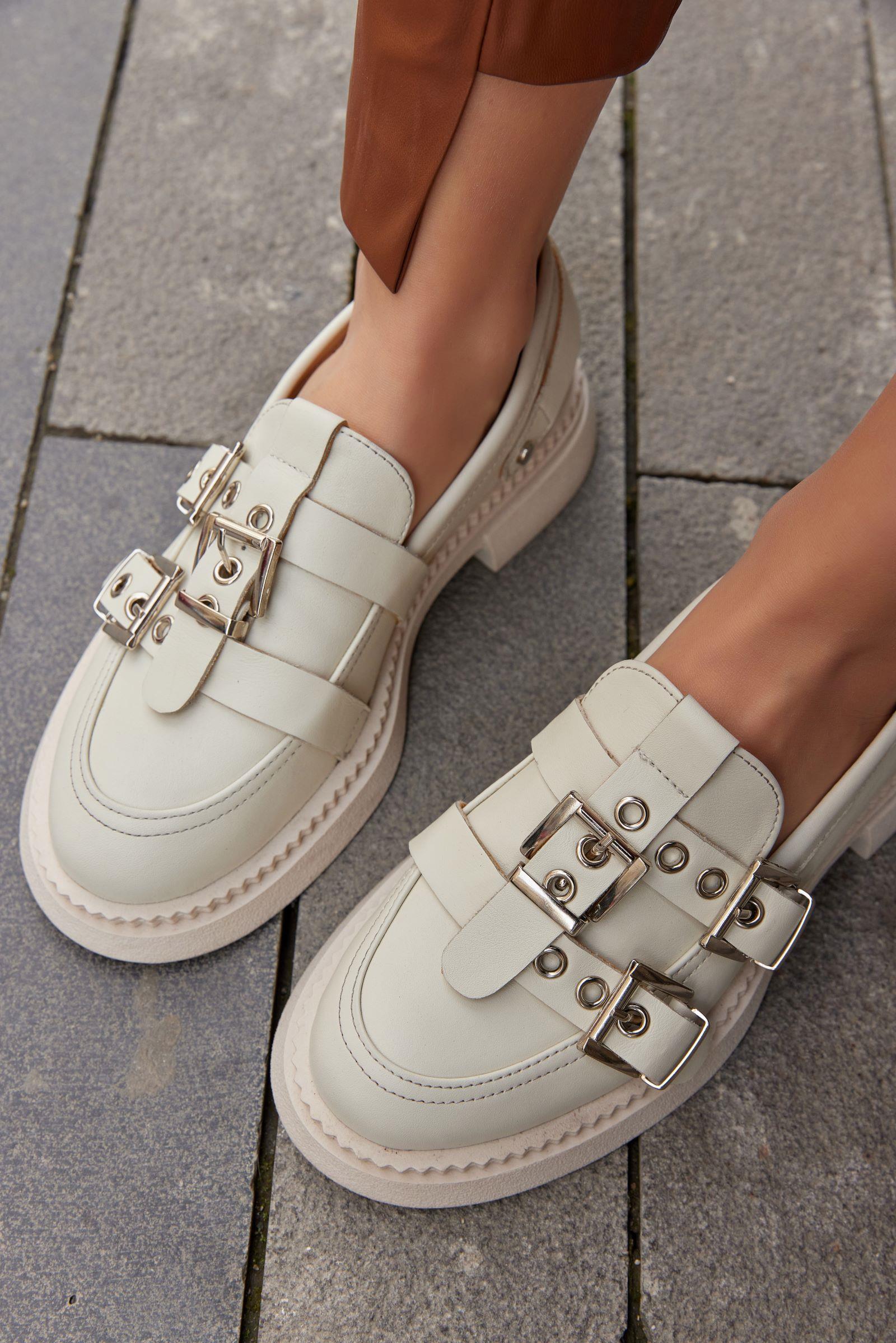 Ophelia Beige Genuine Leather Buckle Women's Loafer