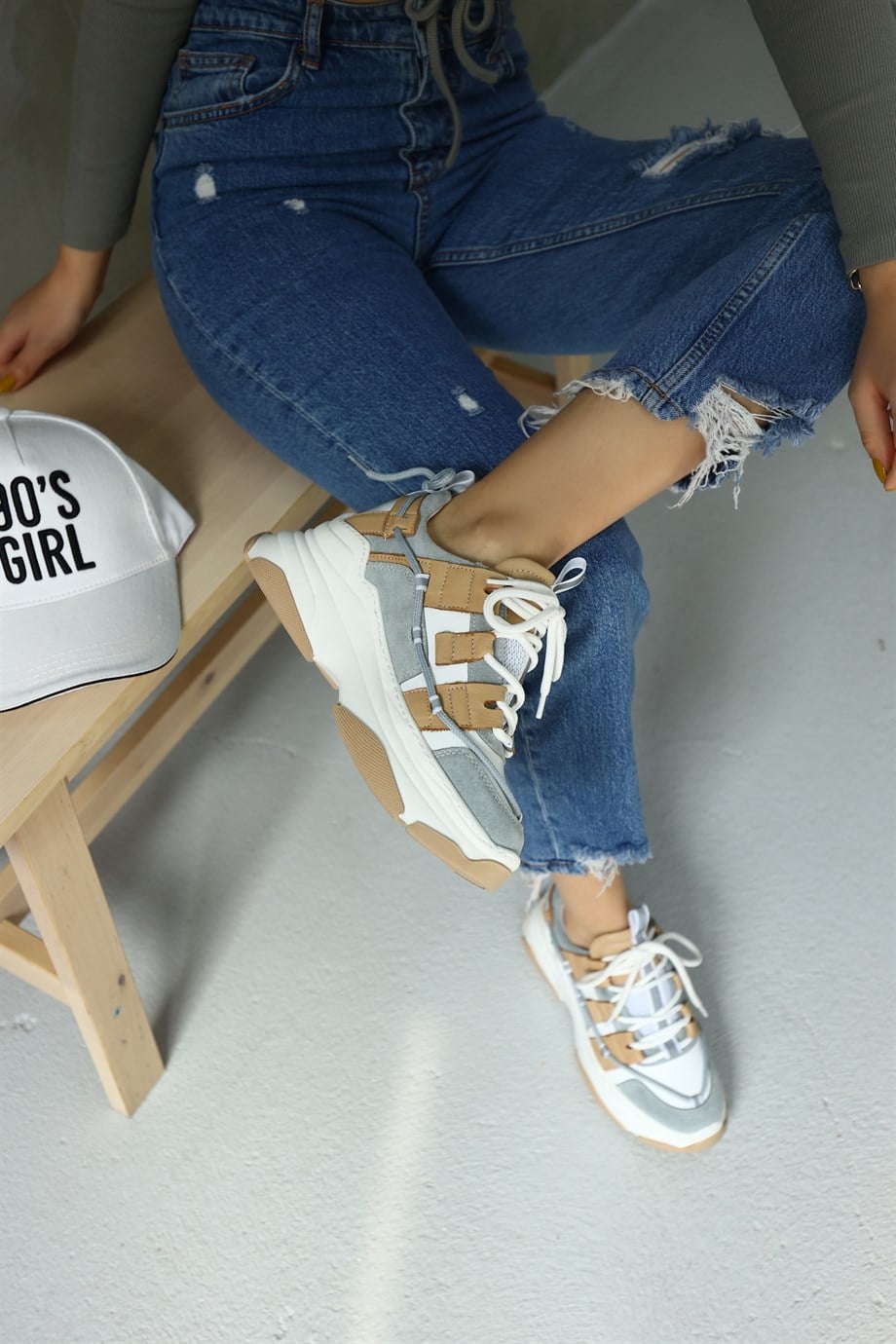 Otilia White/Beige Leather Thick Soled Women's Sneaker