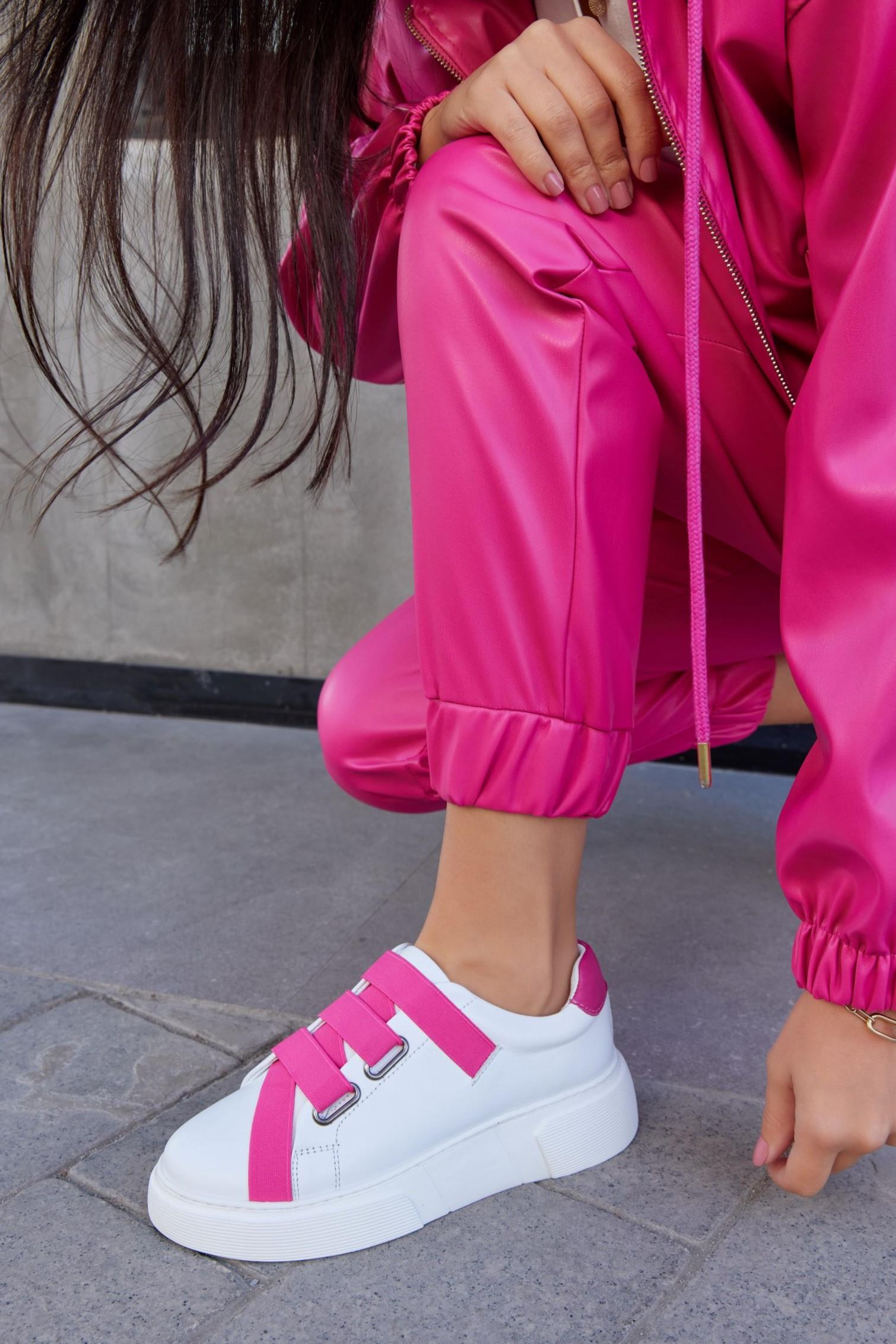 Patty Beyaz Hakiki Deri Pembe Lastikli Kadın Sneaker
