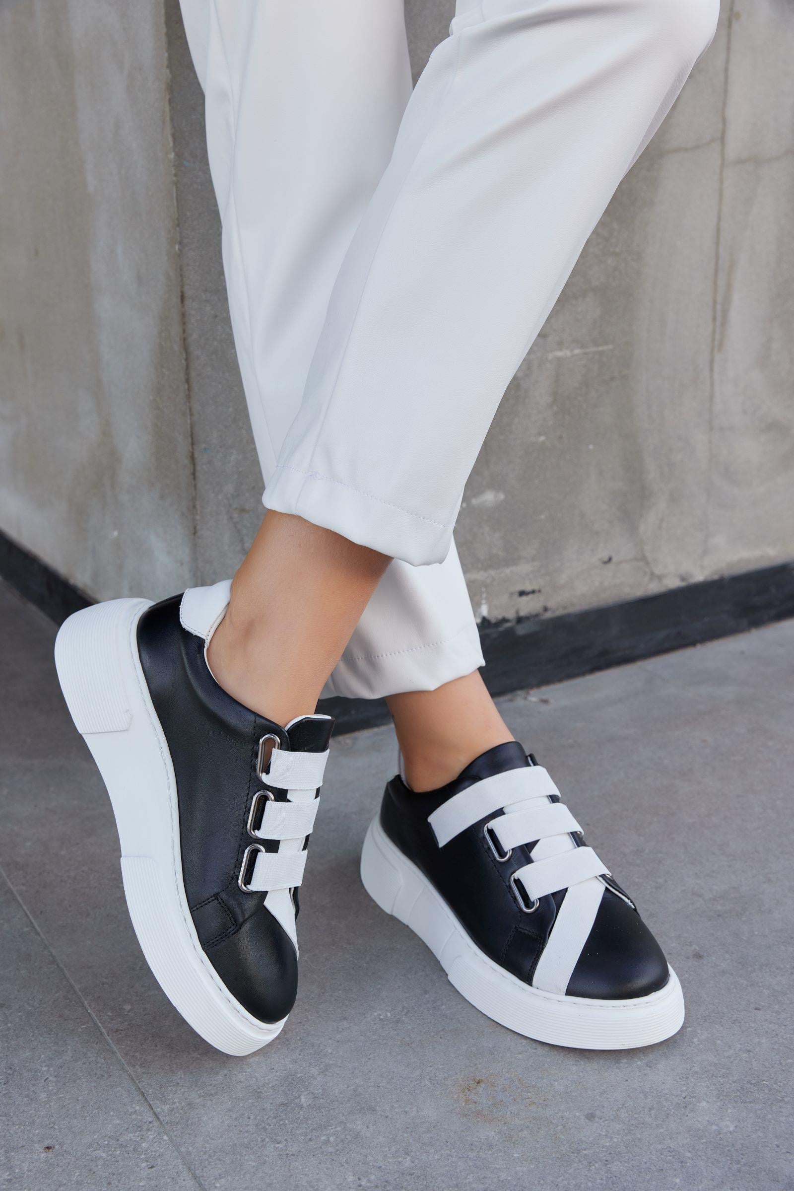 Patty Siyah Hakiki Deri Beyaz Lastikli Kadın Sneaker