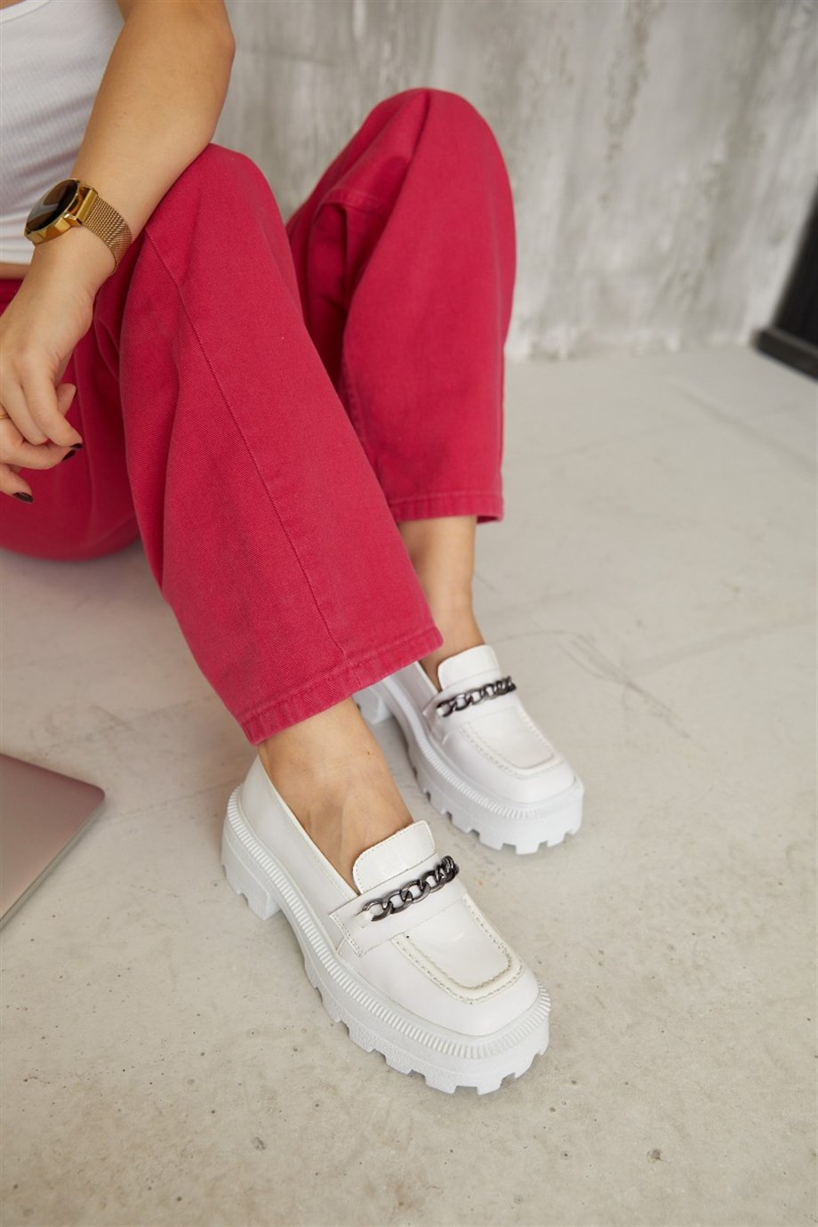 Paulina Women's White Leather Loafer With Chain Accessories