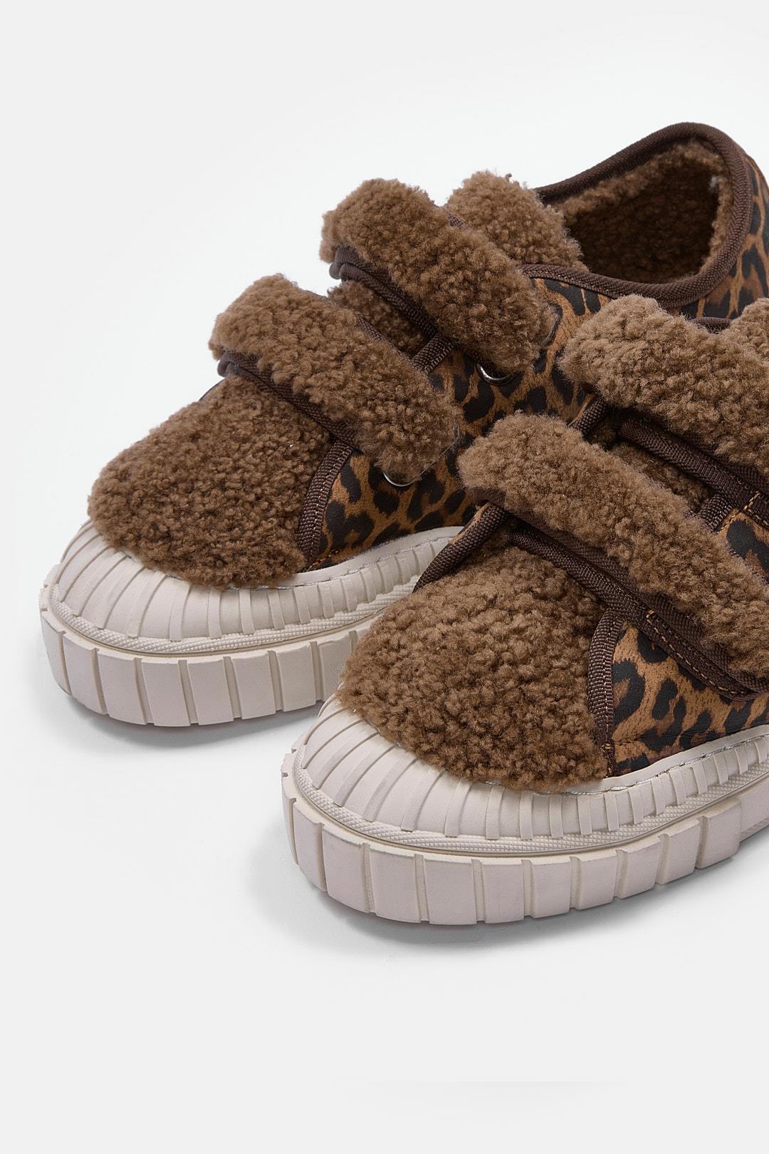 Pookie Kahve Leopar Hakiki Deri Kürklü Sneaker