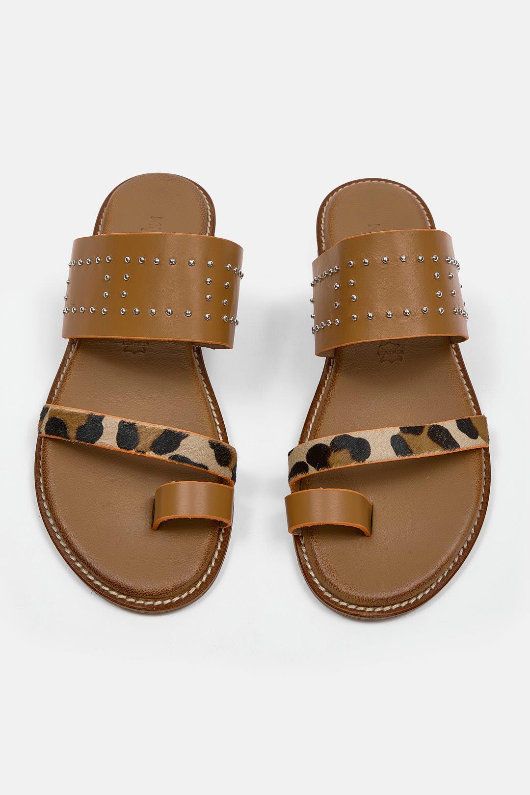 Rebeca Женские Коженые Шлёпки с Табачним Леопврдовым Лентом