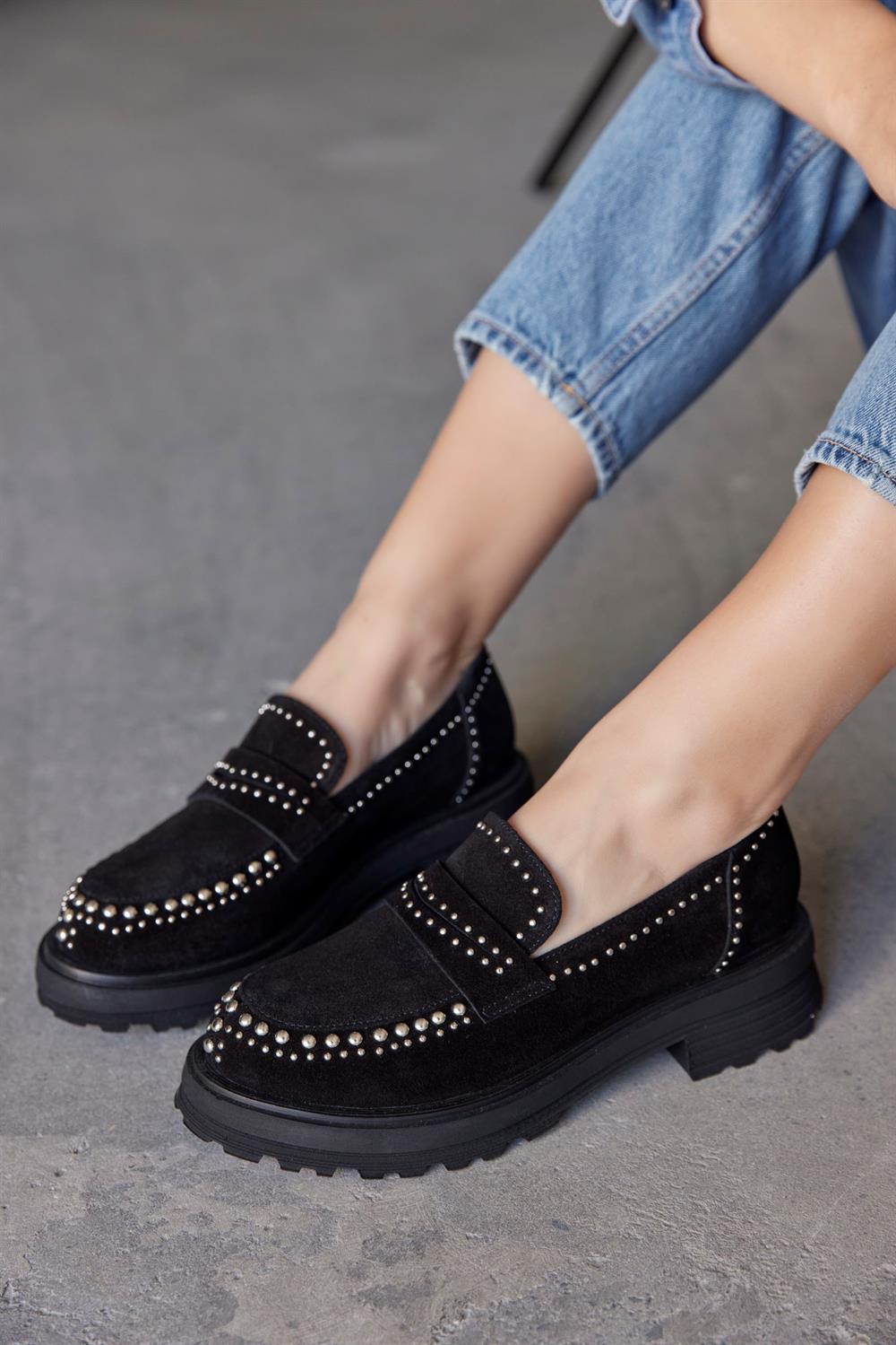 Rosy Siyah Hakiki Süet Troklu Kadın Loafer