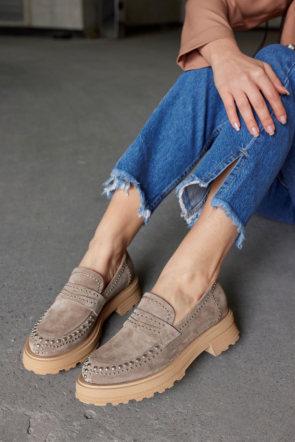 Rosy Vizon Hakiki Süet Troklu Kadın Loafer