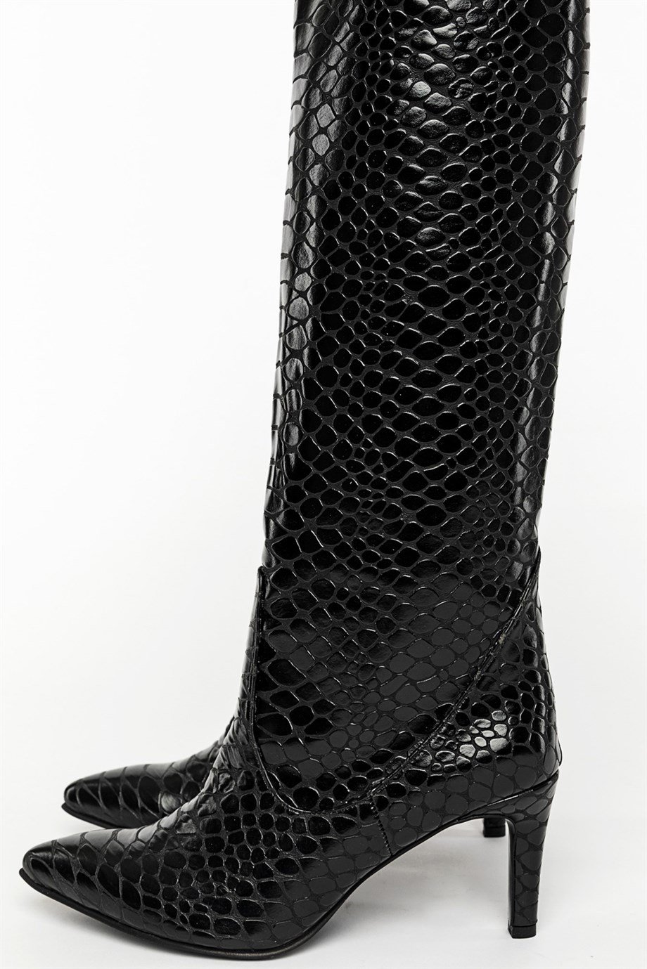 Stefana Women's Black Leather Croco Print Heeled High Boots
