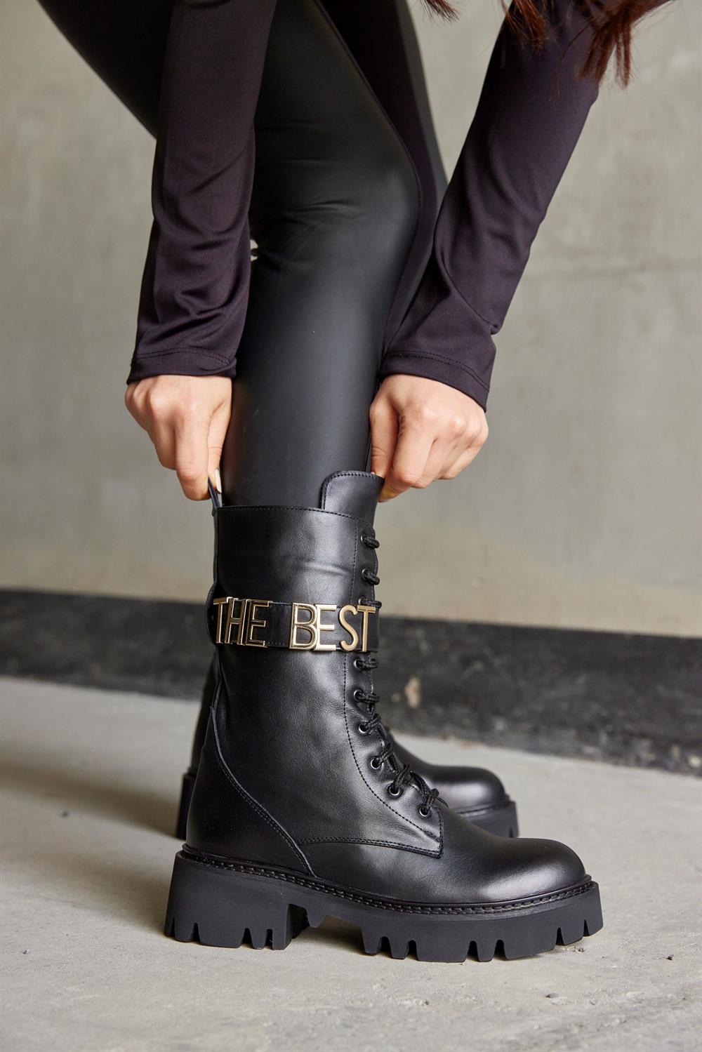 THE-BEST Siyah Hakiki Deri Kadın Postal