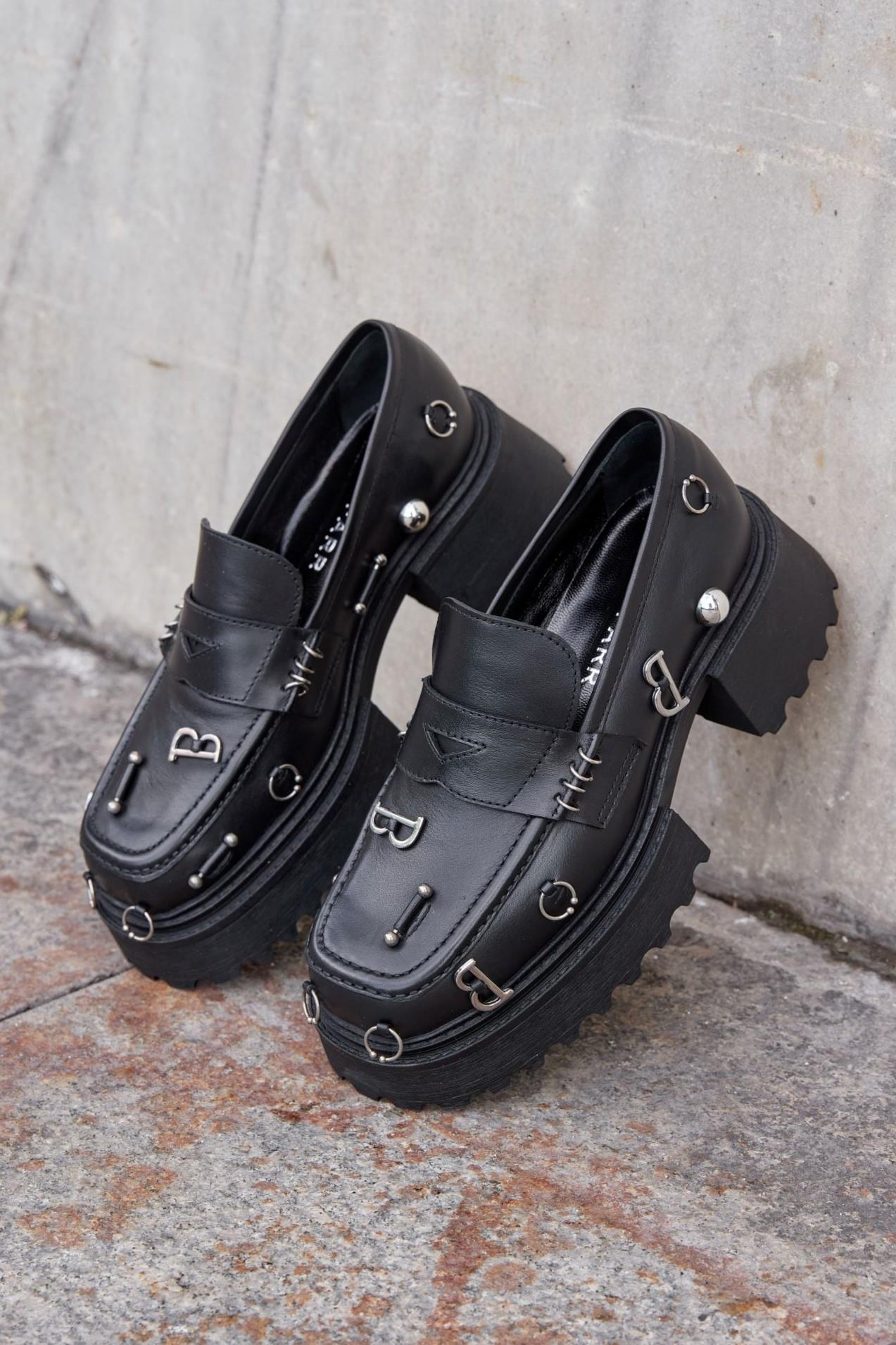 Tragus Siyah Hakiki Deri Kalın Tabanlı Kadın Loafer