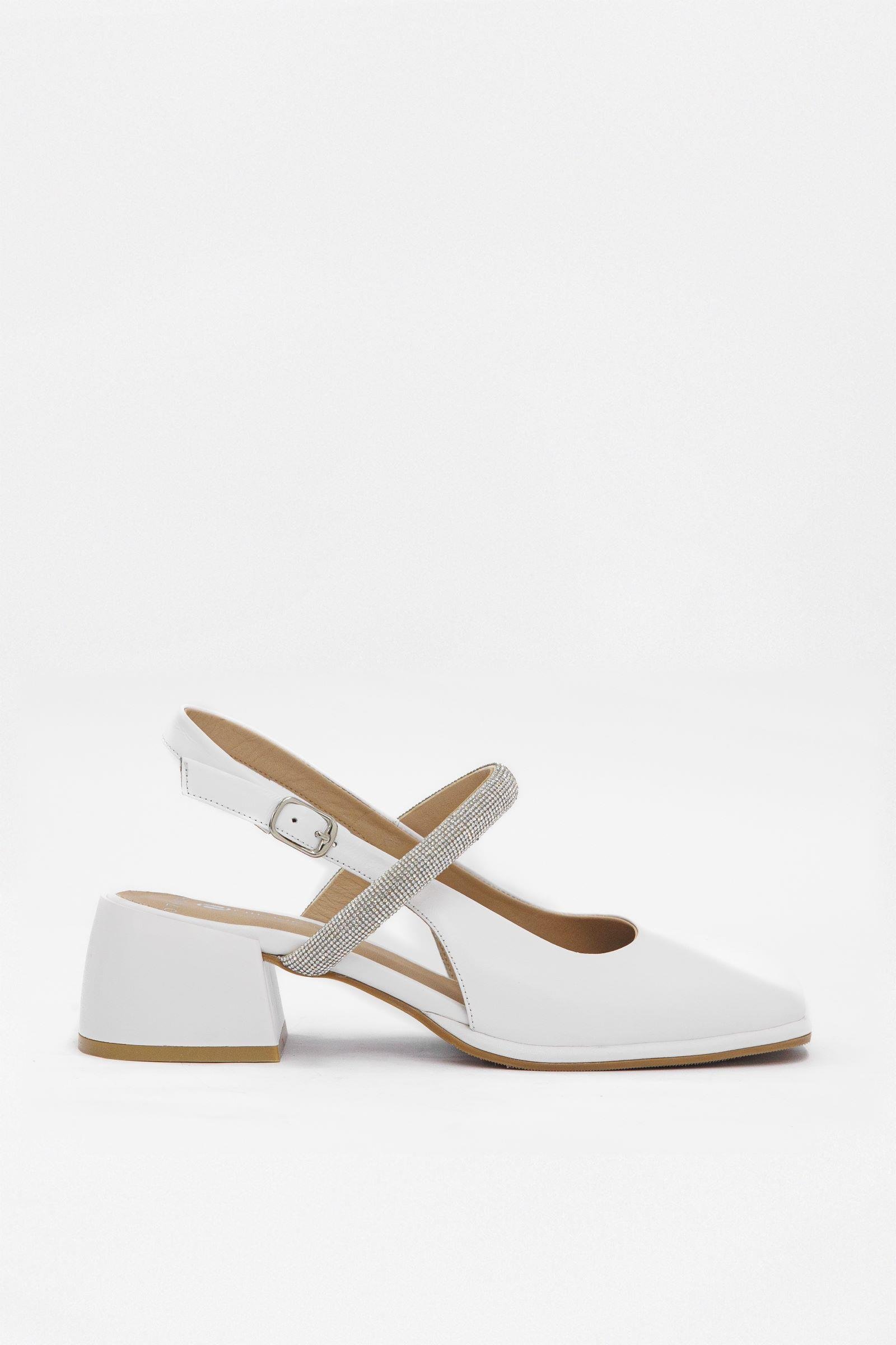 Valeria White Genuine Leather Stone Banded Heeled Shoes