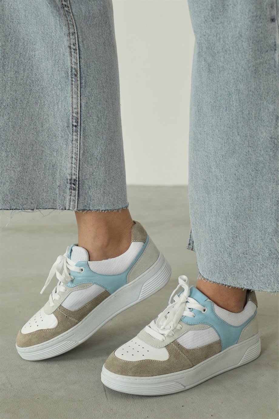 Vontex Beyaz/Mavi Deri Kadın Sneakers