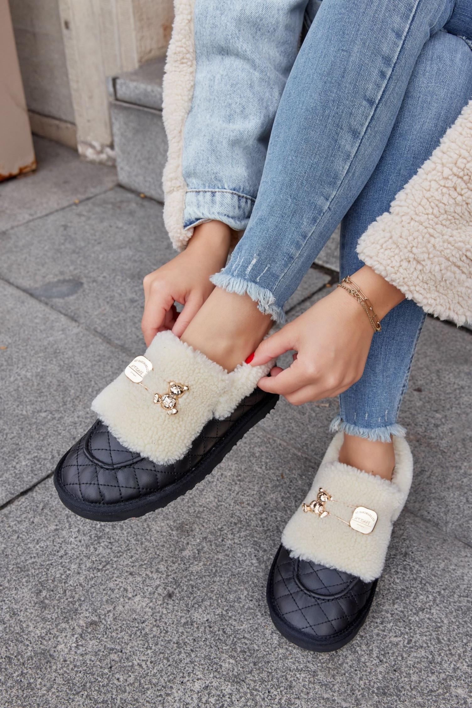 Winter Teddy Siyah Hakiki Deri Yünlü Kadın Bot