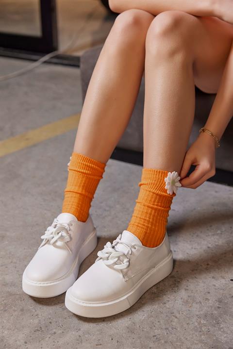 Rima Beyaz Hakiki Deri Zincir Aksesuarlı Kadın Sneaker