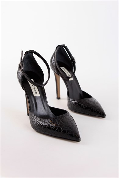 Elza Siyah Baskılı Rugan Kadın Topuklu Ayakkabı