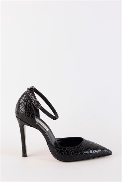 Elza Siyah Baskılı Rugan Kadın Topuklu Ayakkabı
