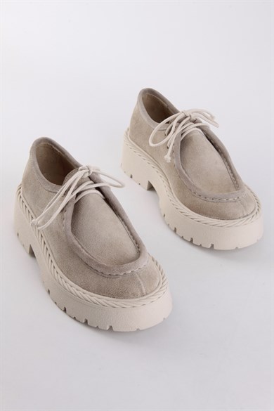 Madlen Bej Hakiki Süet Kadın Loafer Ayakkabı