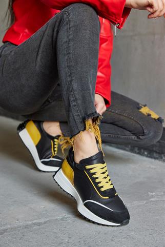 Marina Siyah/Sarı Hakiki Deri Kadın Sneaker