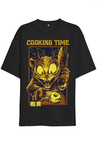 Cooking Time Cat Oversize Unisex Tişört Siyah 