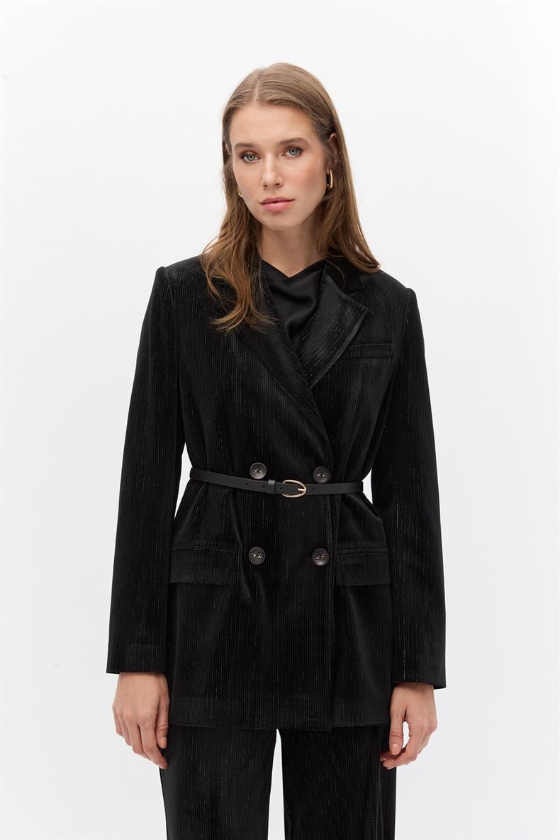 Simli kadife blazer takım